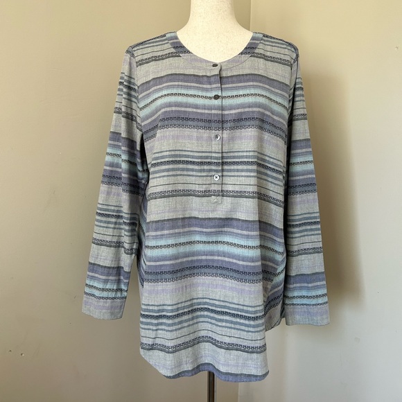 J. Jill Aztec Gray Blue Stripe Popover Half Button Blouse Top 100% Cotton Medium - Picture 12 of 12